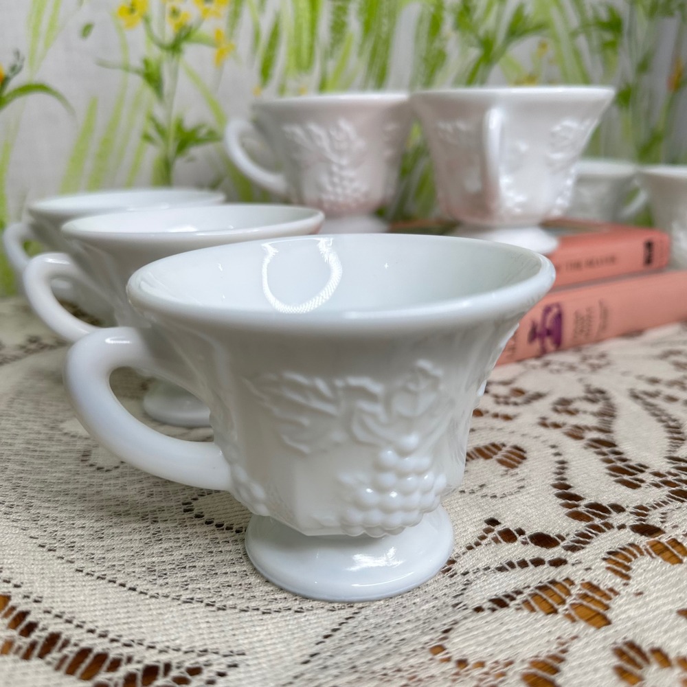 Indiana Glass Milk Glass Paneled Grape Punch Cups Vintage White Set of 9